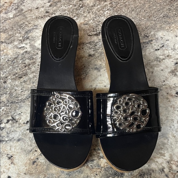 Coach Judith Black Patent Leather Cork Wedge Sandals - Picture 10 of 12